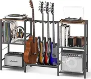 MOSAMNI Record Player Stand, Guitar Stand Rack Multiple Guitars 4-5 Multi Guitar Holder with 3-Tier Storage Shelf for Acoustic, Electric Guitar, Bass, Guitar Amp Accessories, Music Studio (Patent)