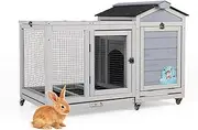 COZIWOW 39inches Fashion Wood Rabbit Hutch Indoor，Wide Space Small Animal Houses Habitats with Removable Tray&Safety Lock，Bunny Cage with Waterproof Roof&Solar Panels (Grey)