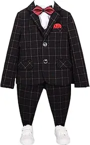 [Kromoc] Boys' Plaid 3-Piece Suit Tuxedos Single Breasted Button Jacket Vest and Pants for Festive Activities