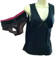 Alfani sz S Tank Sleep Top Cami Hipster Panties stretchy Black Modal + sheer dot