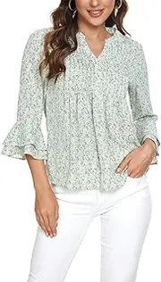 [OLRAIN] Womens Summer Floral Printed V-Neck Swing Tunic 3/4 Bat Wing Short Sleeve Chiffon Tops Blouse Shirts