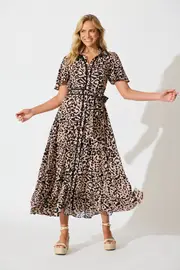Roselle Maxi Shirt Dress Short Sleeve in Brown Leopard Print 8