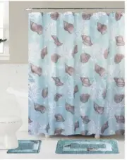Bath Mat Set (Contour & Rug) with Fabric Shower Curtain and Fabric Covered Rings