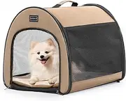 Petsfit Foldable Dog Transport Box for Small Dogs, Cats, Rabbits - Lightweight, Breathable Sleeping Box with Anti-Open Zip and Plush Cushion, S, Khaki