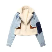 Nevenka Womens Denim Jackets Patchwork Turn Down Collar Plush Coat-Blue