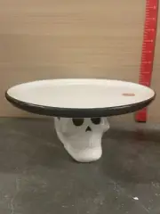 Mr Christmas Halloween Skull Cake Stand Pedestal White Black Ceramic LED Lit