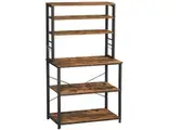 Rustic Brown and Black 6-Tier Kitchen Utility Storage Shelf - Baker's Rack with Microwave Oven Stand and 6 Hooks.