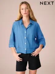 Colbalt Blue Linen Blend Short Sleeve Ladder Insert Shirt (F21447) | $66