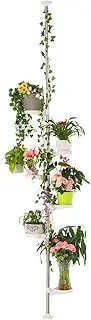 BAOYOUNI 5-Layer Indoor Plant Stands Spring Tension Pole Metal Flower Display Rack Space Saver Corner Floral Pot Hanger Shelf, White (7-Layer (230~290cm/90.55~114.17in))