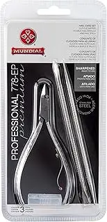 Mundial Nail Care Set 778-EP - Sharpened Cuticle Nipper with Double Nail Spatula and Pusher. Manicure and Pedicure Trimmer Kit, Stainless Steel, Autoclave Safe