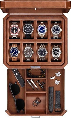 8 Slot Leather Watch Box with Valet Drawer - Luxury Watch Case Display Jewelry O