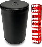 Luck Lab Black Leather Dice Stacking Cup with 5 Serialized Razor Edge 19 mm Casino Dice - Pro Straight Cup for Stacking and Magic Tricks (Red Dice)
