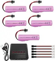 5PCS 3.7V 2000mah SM-2P Plug Lithium Battery with 5in1 Charger for DE68 DE44 DE45W DE45 DE58 DE49 DE57 DE70 Off-Road Vehicle Truck Tank RC Remote Control Toy Car Battery