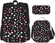 Black Polka Dots Backpack With Lunch Box And Pencil Case 3 In,Kawaii Backpacks With Lunch Bag Matching Combo