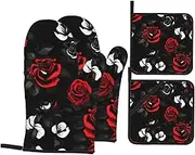 Black White and Red Roses Print Washable Oven Mitts Gifts Heat Resistant Oven Mitts Pot Holders for Grilling Decor