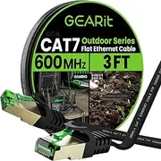 GearIT Cat 7 Outdoor Flat Ethernet Cable (3ft, Black) Direct Burial Rated LLDPE Jacket - Indoor Cat7 Shielded FTP 600MHz 10Gbps High Speed Gaming Computer Network RJ45 Snagless Patch Cord Internet