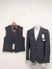 Next Slim Fit Check Suit Blazer & Waistcoat Blue Formal Wedding - BNWT - 44 R