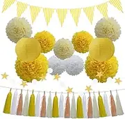 (Yellow) - 33pcs Party Decoration Supplies Set, Yellow Tissue Paper Pom Poms Flowers Paper Lanterns Tassels Hanging Garland Banner Triangle Flag Bunting for Birthday, Bridal, Baby Shower, Wedding Graduation