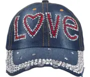 Unstructured Distressed Baseabll Cap Cotton Soft Medium-Large Blue Bling Love