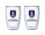 Fremantle Dockers Freo AFL Set of 2 Double Wall Glasses Tea Coffee Spirits