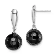 Sterling Silver Rhodium-Plated Faceted 10mm Onyx Post Dangle Earrings