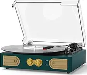 Vinyl Record Player with Built-in Speakers, Vintage 3-Speed Turntable, Bass/Treble Control, Headphone Jack, RCA/AUX Outputs, Belt-Driven LP Player, Green