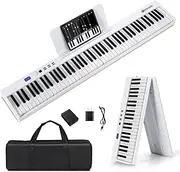 HONEY JOY 88-Key Foldable Electronic Keyboard, Full-size Semi Weighted Digital Piano for Beginners w/MIDI Function, Sustain Pedal, Portable Piano Bag, Spilt Function, 2 Teaching Modes (White)