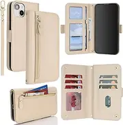 SunYoo for iPhone 15 Plus / 14 Plus Case Leather Wallet with Card Holders Money Slots Wrist Strap for Women Men RFID Blocking Purse for iPhone 15Plus 14Plus Zipper Coin Cover Folio Flip Case Cream
