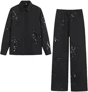 [Zadaos] Women's Blazer and Pants Sets Loose Solid Sequins Embroidered Shirt and Pant Set