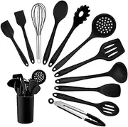 [Homikit] Silicone Kitchen Utensil Set, 12 Pieces, Black Cooking Utensils, Cookware, Heat-Resistant Cooking Cutlery Set with Utensil Holder, Healthy & Non-Stick, Dishwasher Safe