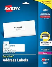 Avery Mailing Address Labels, Laser Printers, 350 Labels, 1-1/3 x 4, Permanent Adhesive, 5 Packs (5262)