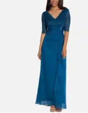 B&A By Betsy & Adam Sequin Lace V-Neck 3/4 Sleeve Gown, Peacock, 14W