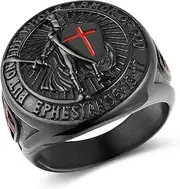 HZMAN Knights Templar Put On The Whole Armor of God Ephesians 6:13-17 Red Cross Design Men's Stainless Steel Ring