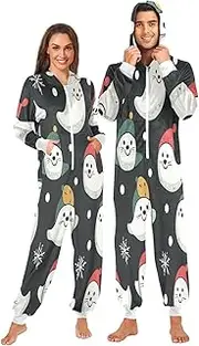 [ZZXXB] Seal with Xmas Hat Onesie Pajamas for Adult Women Men Long Sleeves One Piece Onesies Hooded Sleepwear S - XL