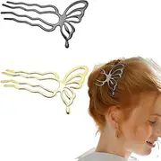 2 PCS Butterfly Hair Pins Metal Hair Side Combs U Shaped Hair Sticks Teeth Hair Fork Pins for Updo Elegant Butterfly Hair Chopsticks for Women U-Shaped Hair Combs Pins for Buns Hair Accessories