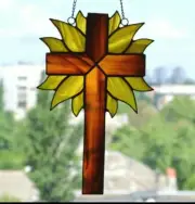 Cross with Sun Rays Stained Glass Suncatcher - Christian Window Panel