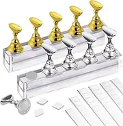 2 Sets Nail Stand for Press On, Acrylic Magnetic Nail Art Display Holder for Painting and False Nail Tip Manicure Tool and 90 Pieces White Reusable Adhesive Putty (Gold and Silver)