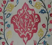 VAUGHAN Izmir Floral Embroidery Red Blue Natural Linen New Pair Remnants