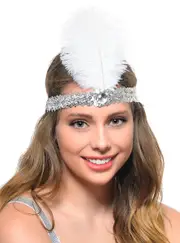 Classic 20s Silver Sequin Flapper Headband with White Feather