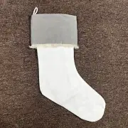 NEW Christmas Stocking Gray White Linen With Fringe Lined Beach Stylish