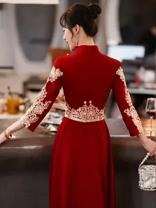 中式旗袍敬酒服新娘冬季結婚紅色禮服女回門訂婚連衣裙秀禾高級感