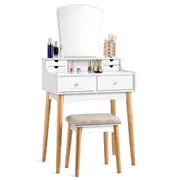 Giantex Dressing Table Stool Set Mirror Makeup Desk Vanity Table Solid Legs w/Drawers