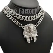 Egyptian King Tut Pharaoh 20" Necklace & 18" Full Iced Cuban Chain Necklace