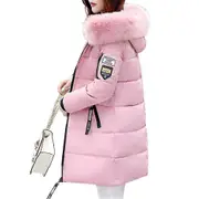 Women's Winter Puffer Jackets Windproof Mid-length Full Zip Coat With Hood Pink XL