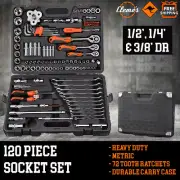 120pcs Socket Set 1/2 1/4 & 3/8 Metric + 11 Combination Spanners Ratchet Wrench