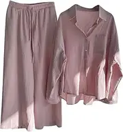 Women's Cotton Linen Two Piece Work Suits Summer Ladies Oversized Tops and Pants Sets Dressy Casual Solid Outfits