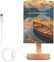 [ZRYSMY] Landscape Boat Sunset Lake Table Lamp with USB Port for Living Room Nightstand Lamp with Linen Fabric Shade Small Bedside Lamps for Bedroom, Dorm, Office (LED Bulb Included)