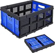 OSWIN 49L High Density Plastic Collapsible Storage Basket Crates (Black Blue), Folded Size 22.04" L*16.14" W*2.75" H, Folding Shopping Storage Box