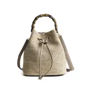 Nevenka Womens Bucket Drawstring Handbag Straw Crossbody Bags With Bamboo Handle-Khaki