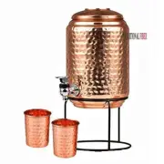 Copper 5 Liter Hammered Copper Water Dispenser (Matka/Pot) with Stand and Two G